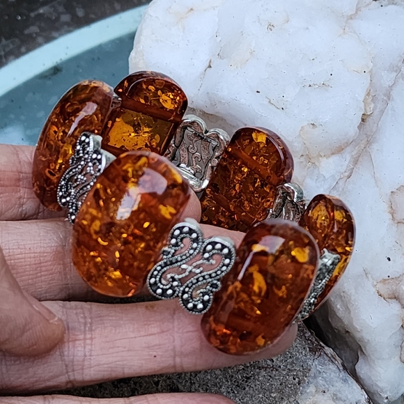 Boho Gypsy Sisters Jewelry - Bracelet Resin Amber Honey Cognac Tone Silver Stretchy Lithuanian Ethnic